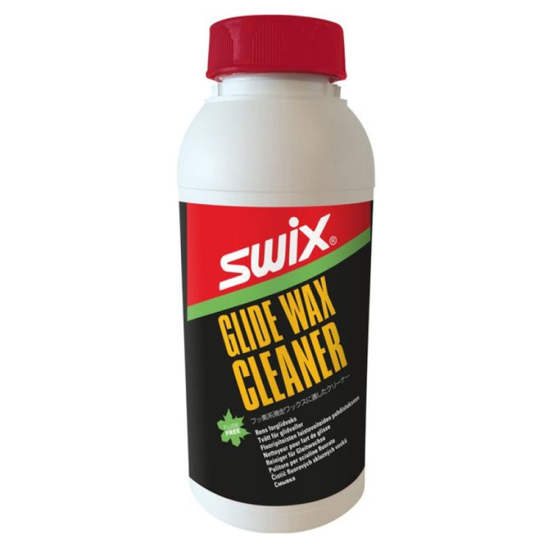 White Bottle of Swix Glide Wax Cleaner with red cap and black and red label