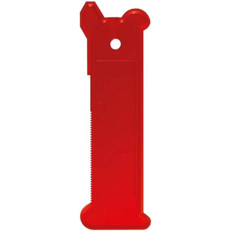 Red plastic scraper with small teeth on one side, single hole in the top and rounded corners