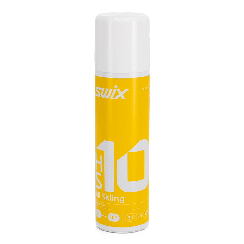 Swix HS10 liquid ski wax in a yellow spray bottle with a white cap and large white text.