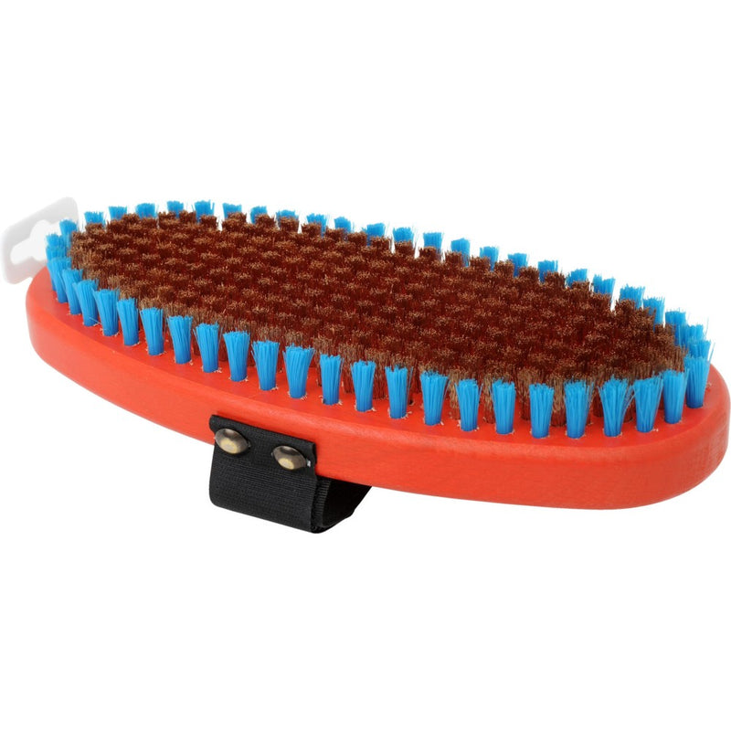 Red wood oval brush with blue nylon bristles and bronze bristles with a black strap