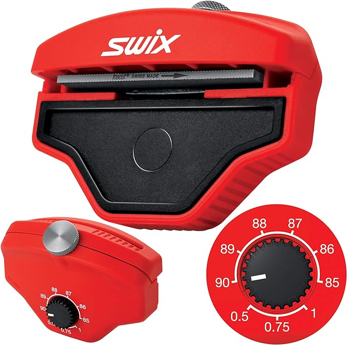 swix phantom edge sharpener in hard red plastic showing 3 pictures of main tool, top of tool with dial and close up of angle dial