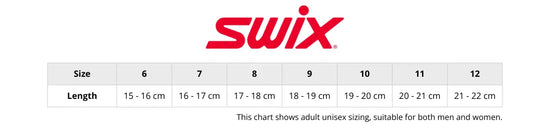 Size chart for Swix handwear showing measurements for men and women. Includes hand length in centimetres, with corresponding sizes. Helps customers find the right glove or mitten fit