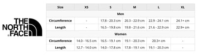 Size chart for The North Face handwear showing measurements for men and women. Includes hand circumference and length in centimetres, with corresponding sizes. Helps customers find the right glove or mitten fit.