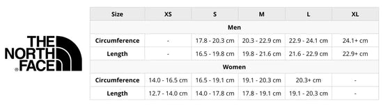 Size chart for The North Face handwear showing measurements for men and women. Includes hand circumference and length in centimetres, with corresponding sizes. Helps customers find the right glove or mitten fit.