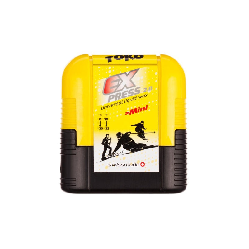 Toko Express Performance Liquid Wax 75ml yellow container showing skiers and snowboarder graphics with information literature