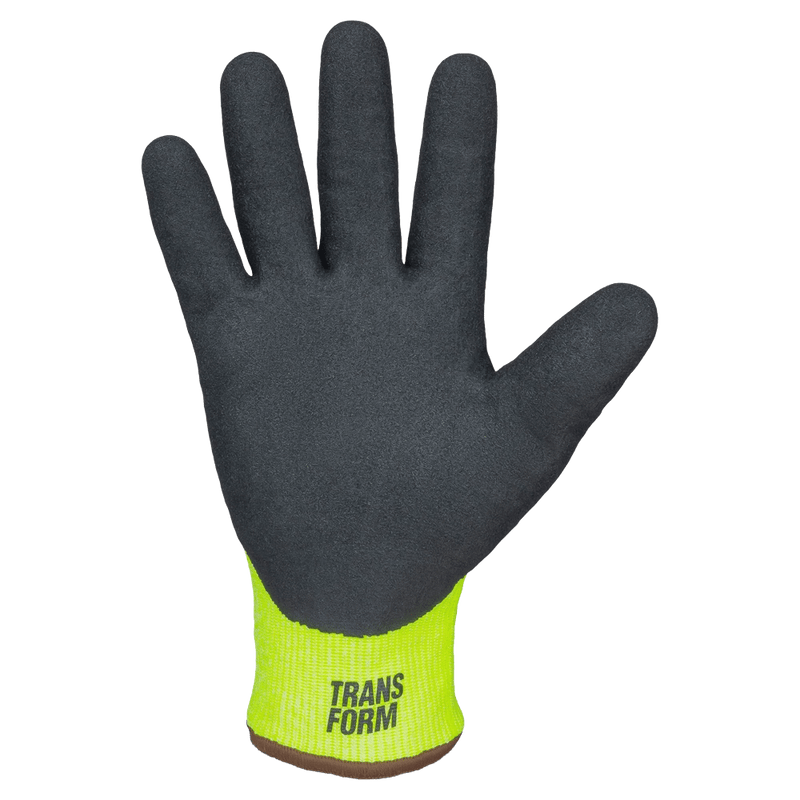 Palm view of the Transform Workwear Gloves in Neon Green colourway, unisex model