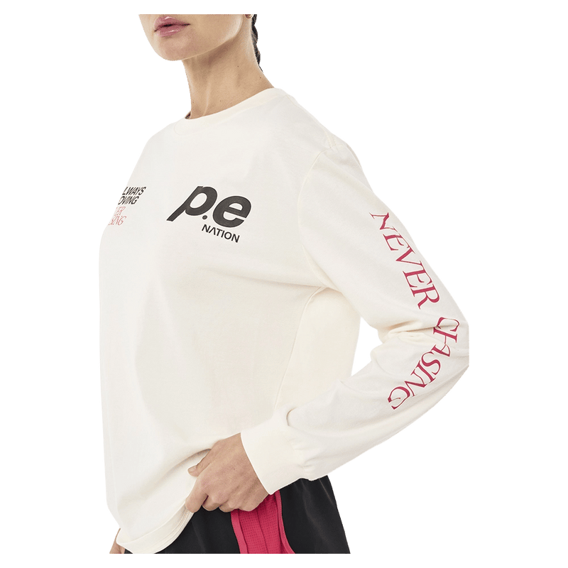 Close side view of P.E Nation Voltage LS Tee - Womens in colour Whisper White.
