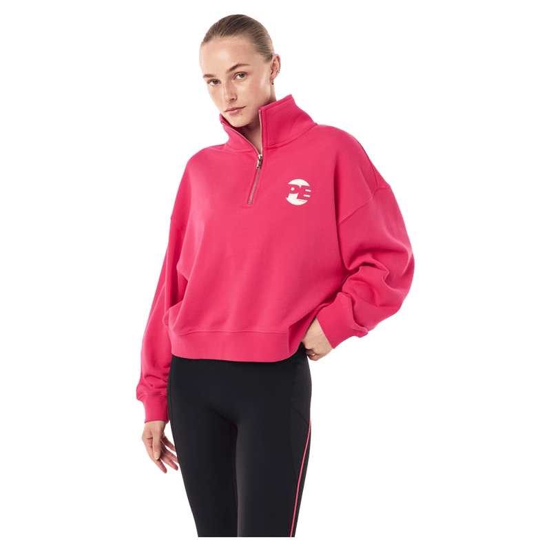 Front view of P.E Nation Voltage Quarter Zip - Womens in colour Cosmo Pink.