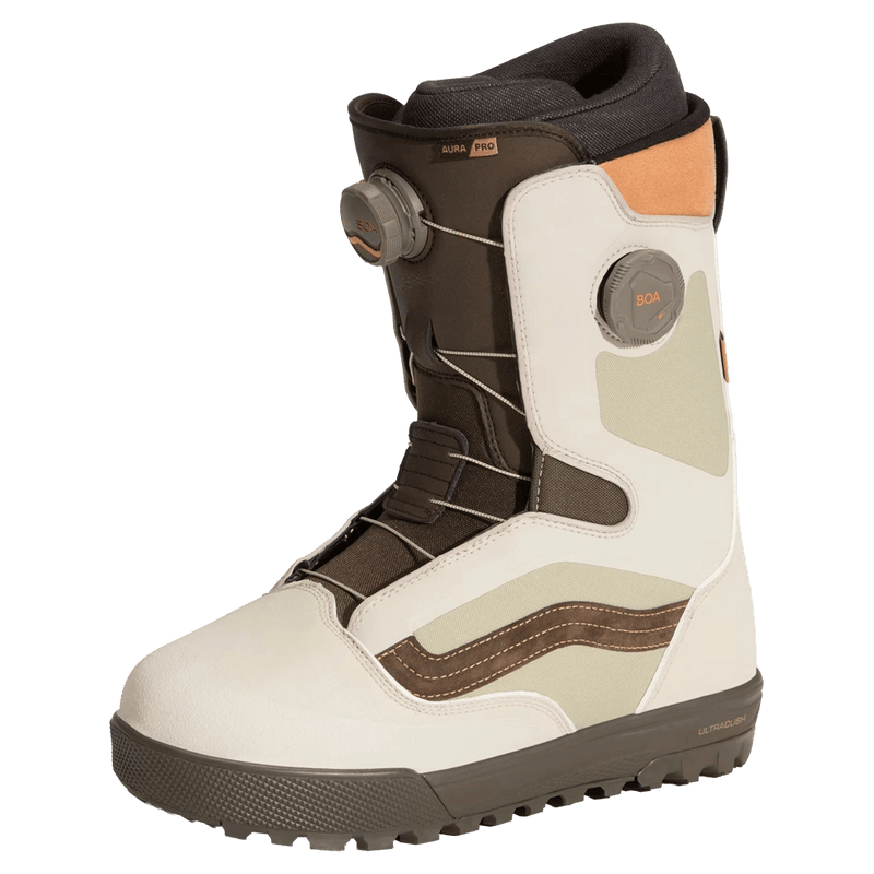 Main view of the Vans Aura Pro Snowboard Boots in Bay Leaf Green colourway, men model