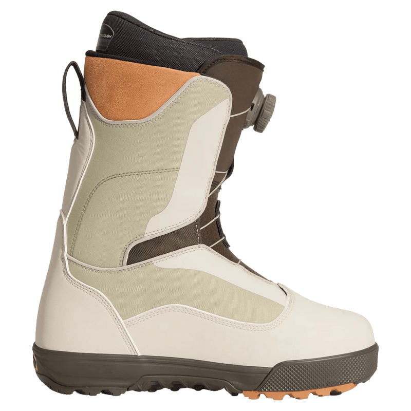 Right side view of the Vans Aura Pro Snowboard Boots in Bay Leaf Green colourway, men model