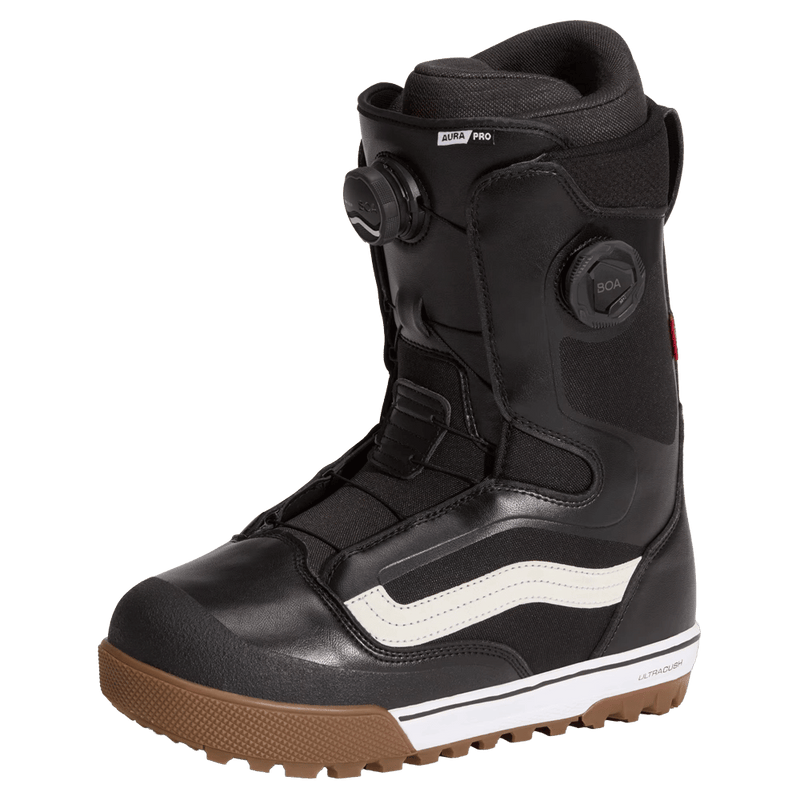 Main view of the Vans Aura Pro Snowboard Boots in Black and White colourway, men model