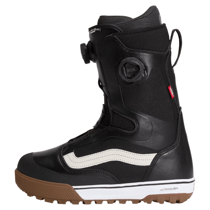 Left side view of the Vans Aura Pro Snowboard Boots in Black and White colourway, men model