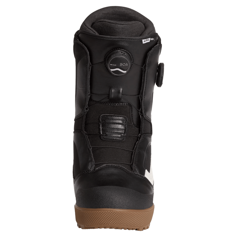Front view of the Vans Aura Pro Snowboard Boots in Black and White colourway, men model