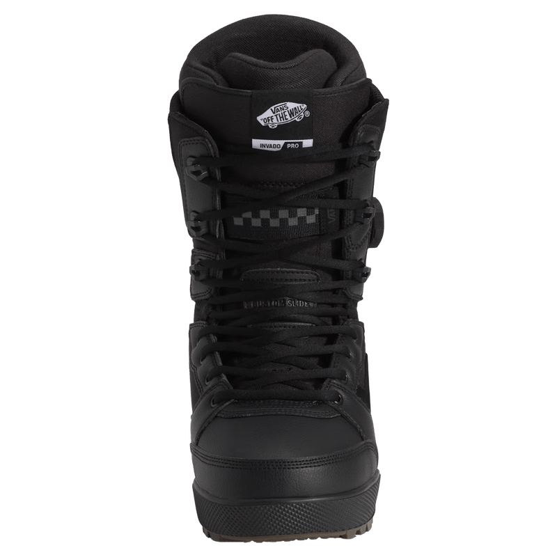 Front view of the Vans Invado Pro Snowboard Boots in Black and Gum colourway, unisex model