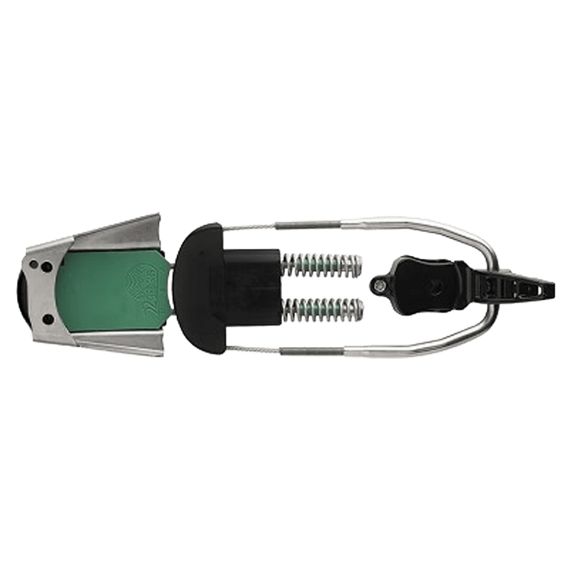 22 Designs Vice Telemark Binding with green toe plate, silver stainless steel toe box, and dual metal springs.