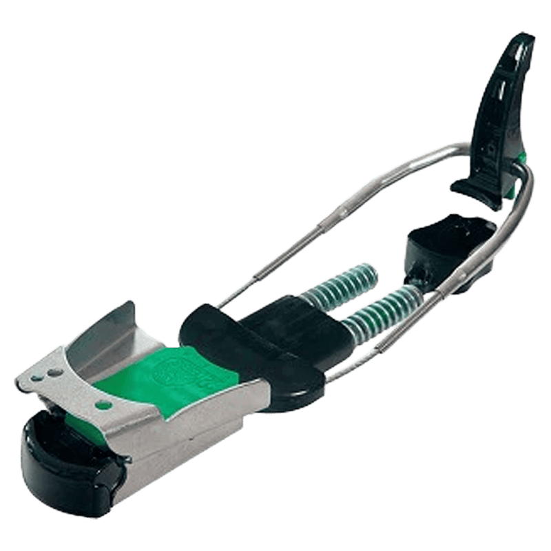 22 Designs Vice Telemark Binding with silver metal toe piece, green dual springs, and black heel lever.