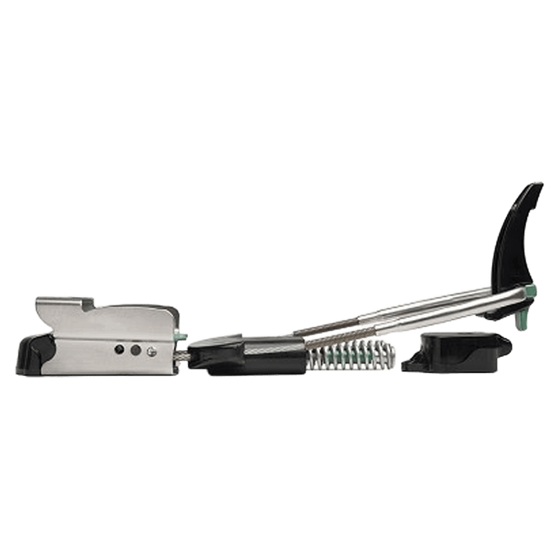 Side profile of 22 Designs Vice telemark binding with stainless steel toe, black heel lever, and visible metal springs.