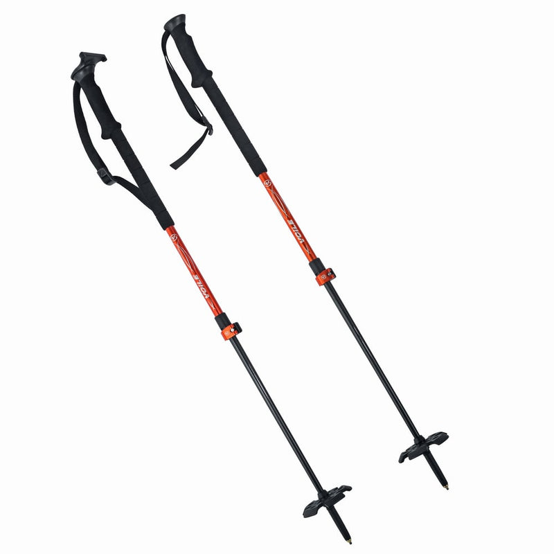 Voile CamLock 2 Carbon Ski Poles with red and black shafts, black grips, and orange cam locks at a diagonal angle.