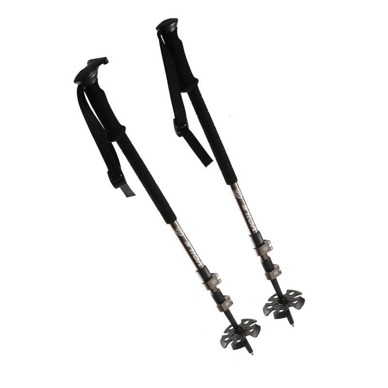 Voile Camlock 3 adjustable ski poles with bronze shafts, black foam grips, dual camlocks, and large powder baskets.