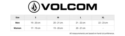 Size chart for Volcom handwear showing measurements for men and women. Includes hand circumference in centimetres, with corresponding sizes. Helps customers find the right glove or mitten fit
