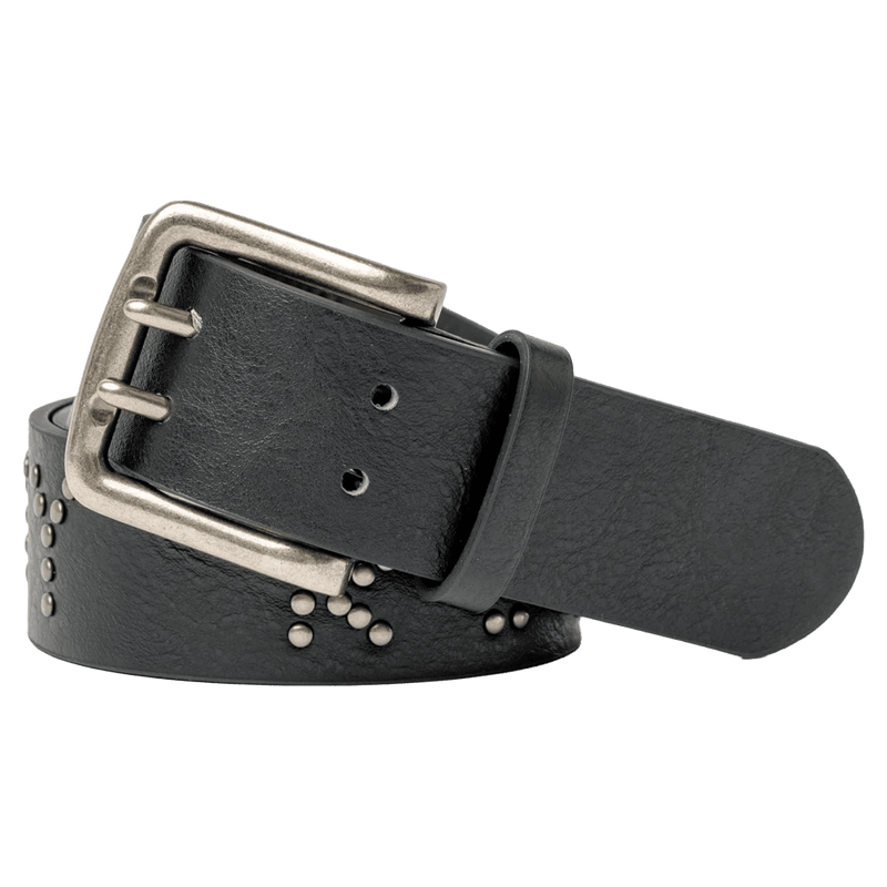 View of womens Rusty Tease Leather Stud Belt in colour Black