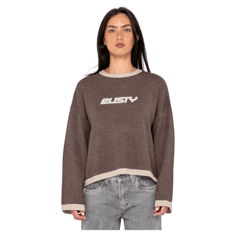 View of women in Rusty Rider Relaxed Crew Neck Knit in colour Pinecone