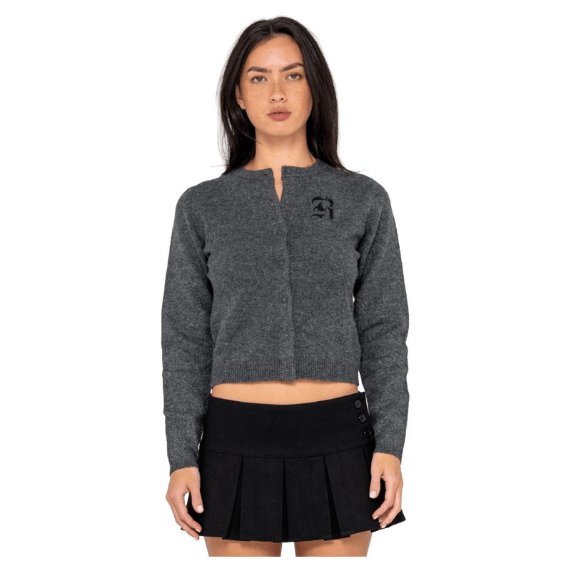 View of women in Rusty Rusty Academy Cardigan in colour Charcoal Marle