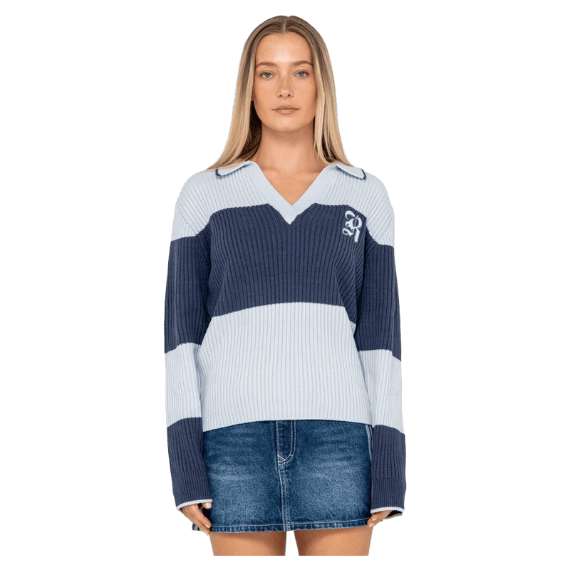 View of women in Rusty Try Me Knitted Rugby Top in Retro Blue/Navy