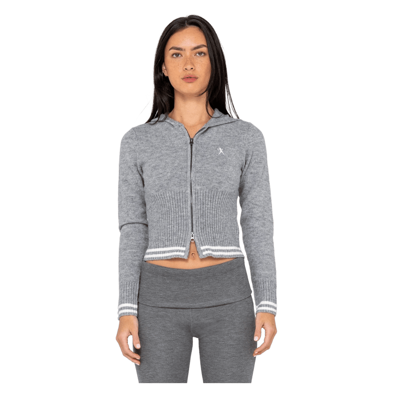 View of women in Rusty Devil Girl Knitted Zip Through Hood in colour Grey Marle
