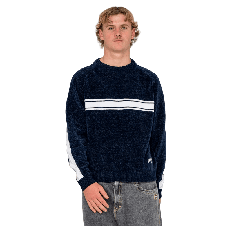 View of man in Rusty White Lines Chenille in colour Dark Blue