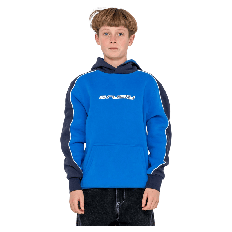View of youth in Rusty Panela Anderson 2.0 Hooded Fleece in colour Royal Blue