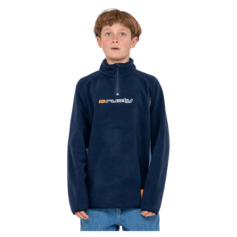 View of youth in Rusty Blizzard Quarter Zip Polar Fleece in colour Navy Blue