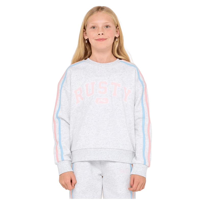 View of Rusty Girls Team Varsity Crew Fleece in colour Ecu Marle