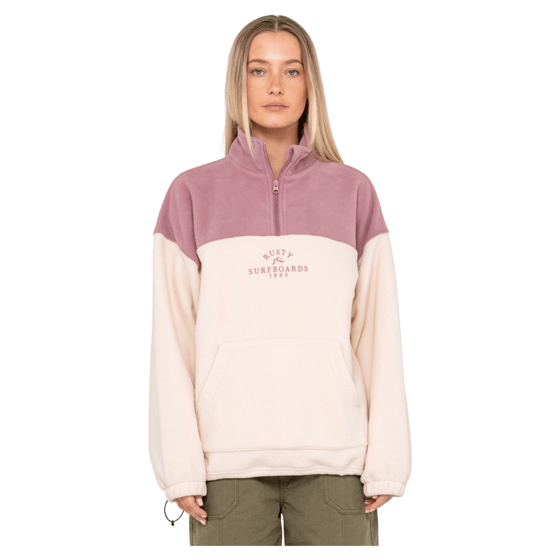 View of women in Rusty Central Division Crew Polar Fleece in Pink-a-Boo
