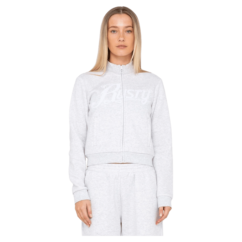 View of women in Rusty Trailer Trash Skimmer Zip Through Fleece in colour Ecru Marle