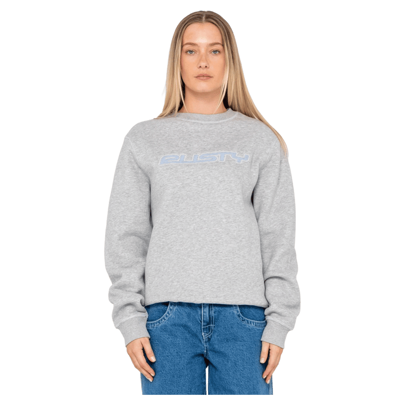 View of women in Rusty R Essential Oversized Crew Fleece in colour Marle Grey