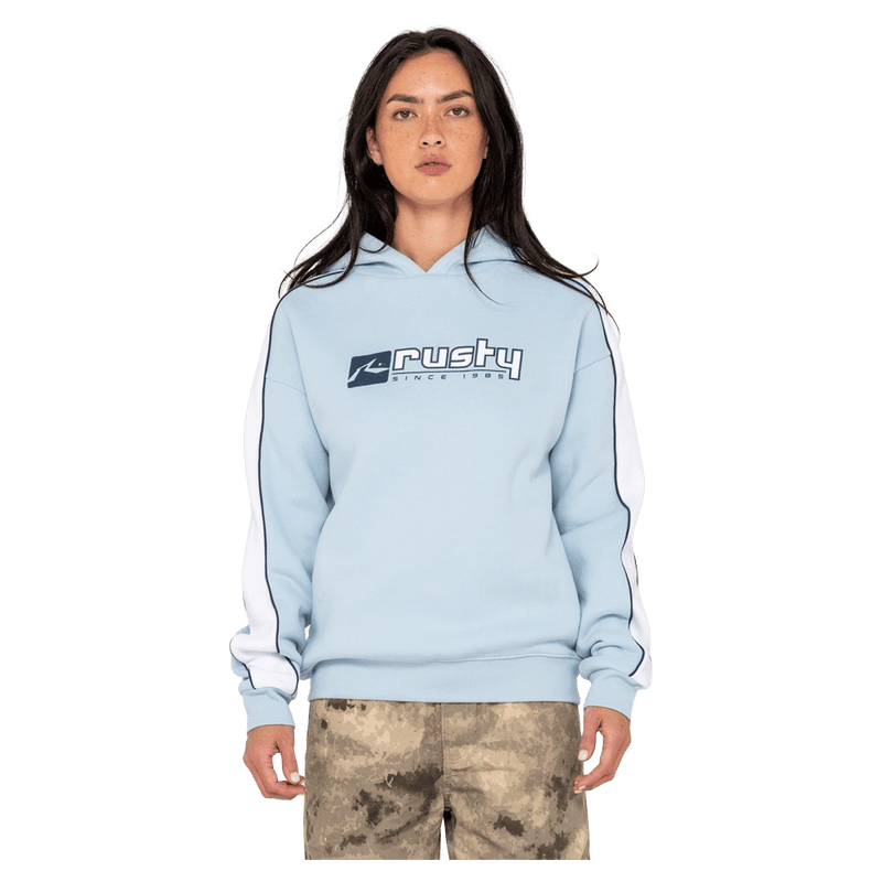 View of women in Rusty Hailstone Oversized Hooded Fleece in colour Retro Blue