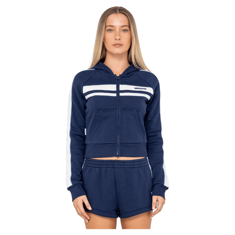 View of women in Rusty Retro Lines Zip Through Hooded Fleece in colour Navy Blue