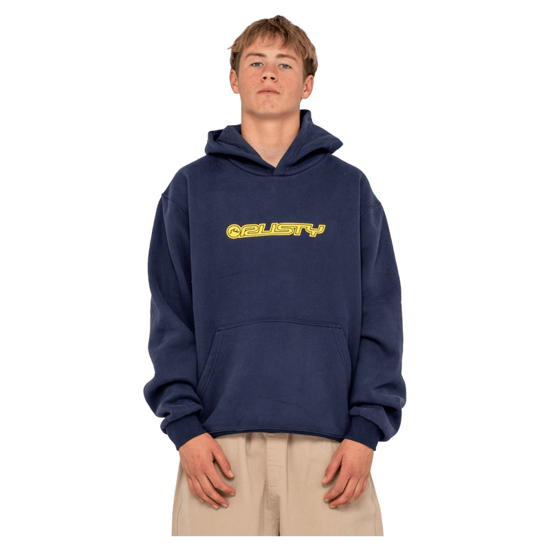 View of man in Rusty Flip Daddy 2.0 Hooded Fleece in colour Navy Blue