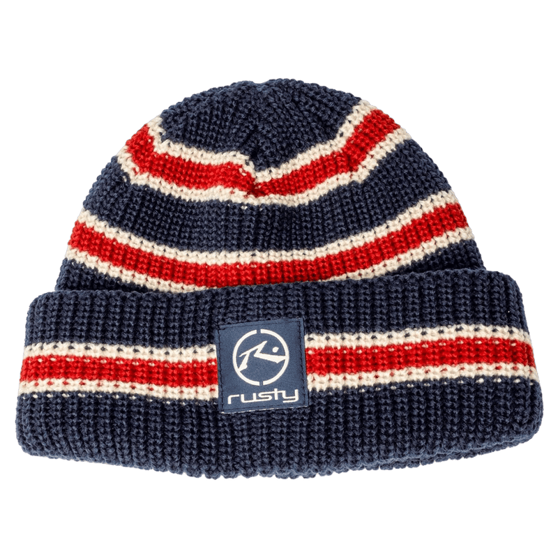 view of Rusty Extra Credit Beanie in colour Navy Blue