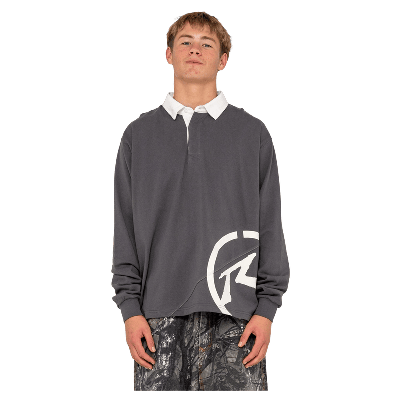 View of man in Rusty Pablo Long Sleeve Rugby in colour Coal
