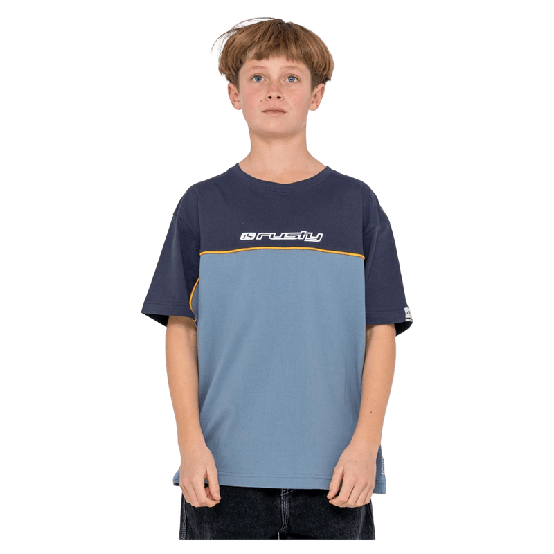 View of Rusty Infinity Short Sleeve Tee - Kids in colour Deep Smoke Blue