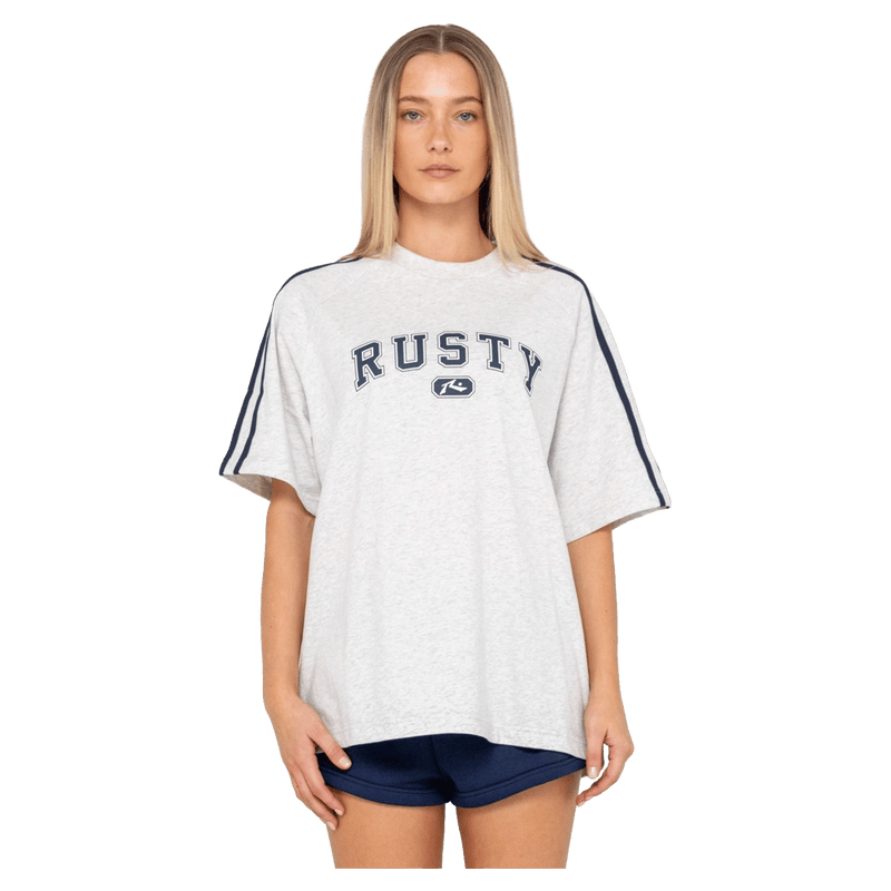 View of women in Rusty All Saint Collegiate Og Oversize Tee in colour Ecru Marle