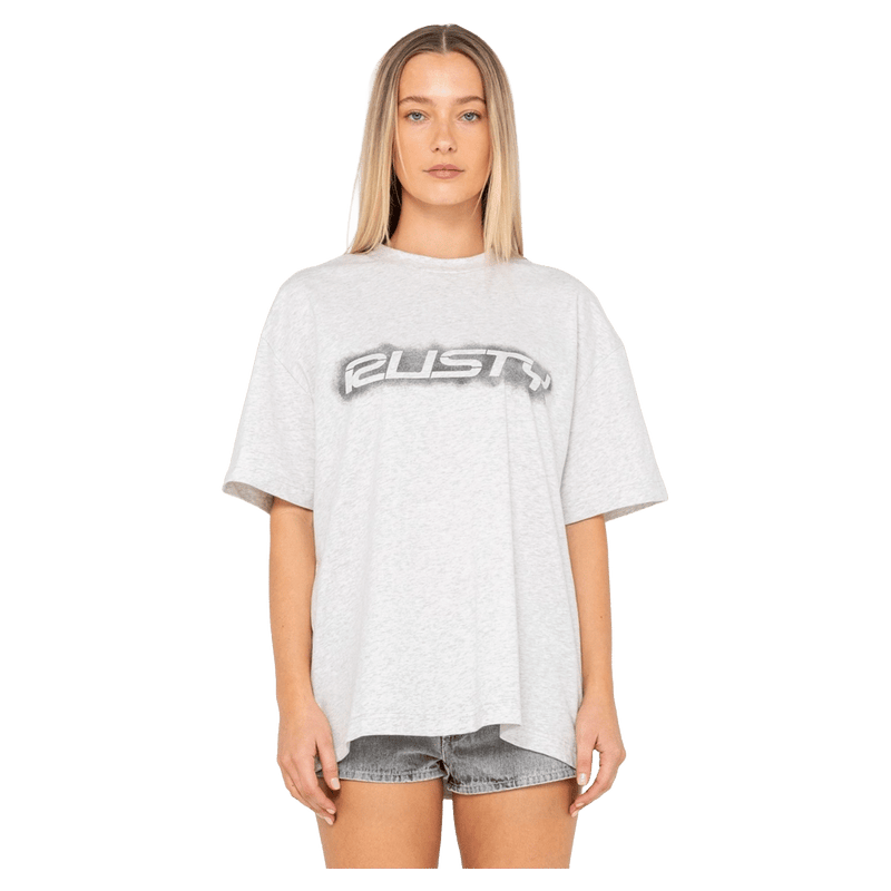 View of women in Rusty Sprayer Oversize Tee in colour Ecru Marle