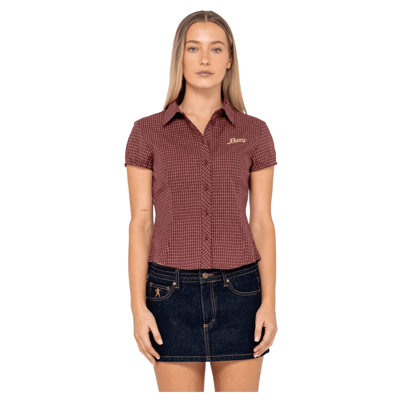 View on women in Rusty Missy May Check Shirt in colour Bungundy