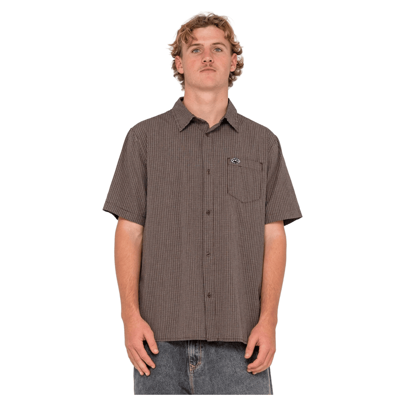 View of man in Rusty Datsun Check Short Sleeve Shirt in colour  Java