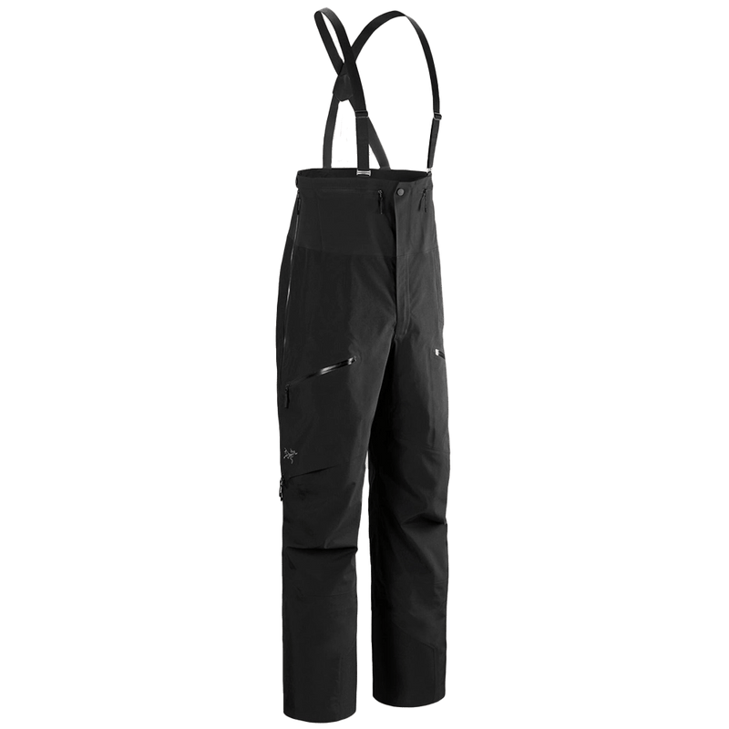 Arcteryx Rus Ski Bib Pant Mens in Black featuring adjustable straps and multiple leg pockets.
