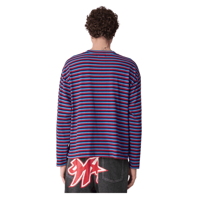 Back full view of X Large Stripe Gorilla Fit LS Tee in colour Blue