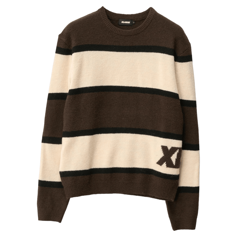 Front view of the X Large Italic Stripe Knit Sweater in Brown