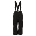 Black XTM Pluto II kids' ski pants with adjustable suspenders and cargo pockets, shown from the front.